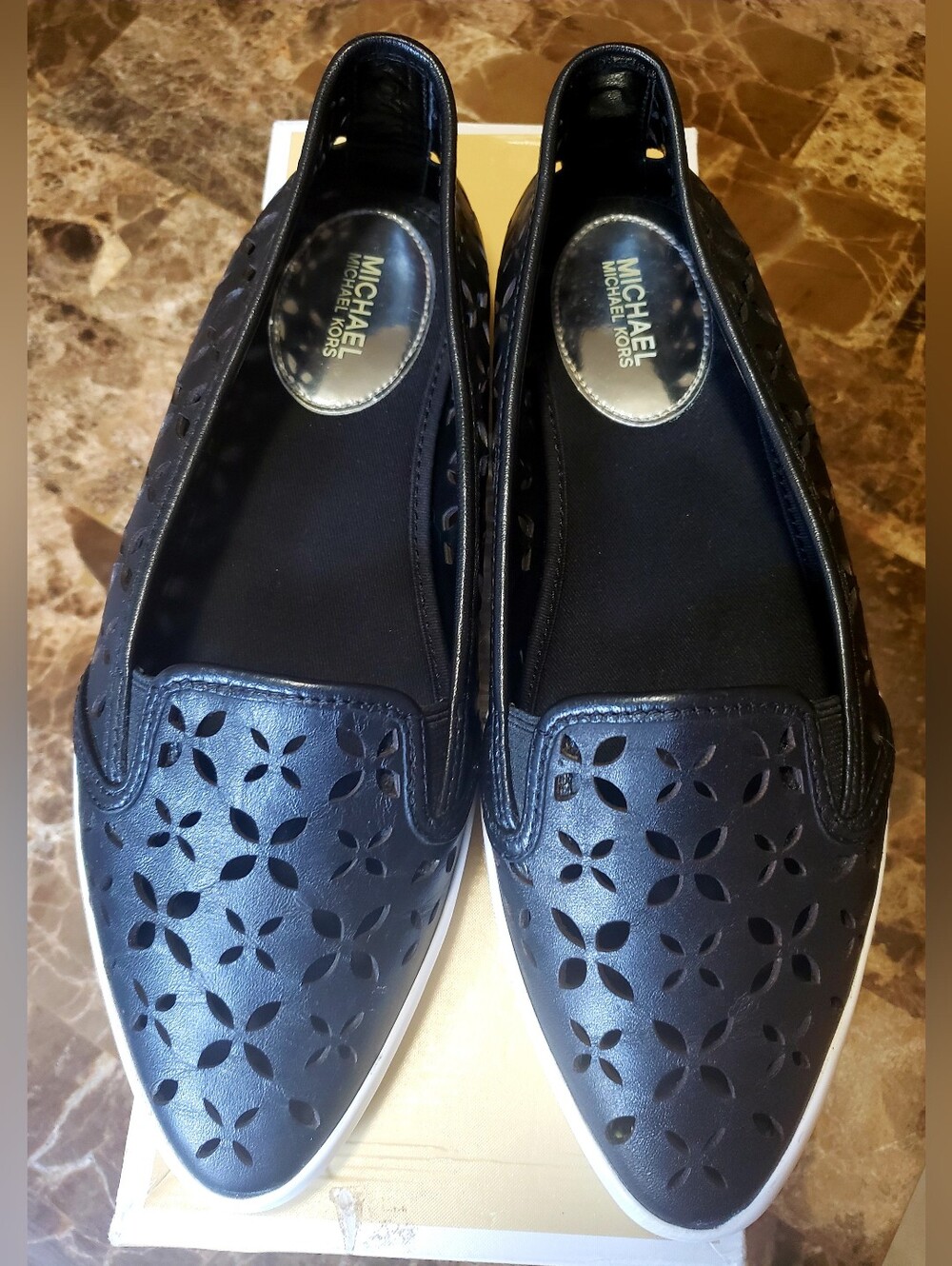 Michael Kors Black Laser-Cut Slip-On Flats with White Sole - Size 9M